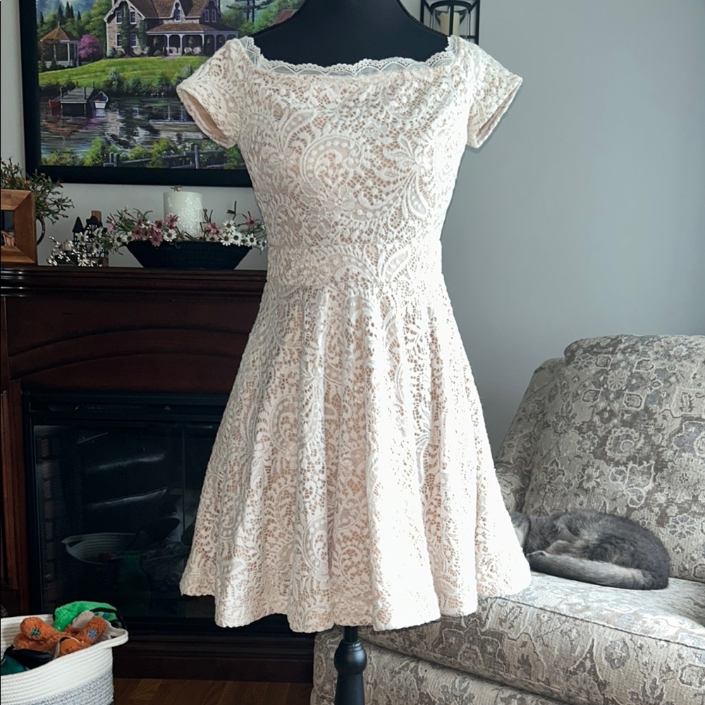 B Darlin Off-Shoulder Cream Lace Mini Dress